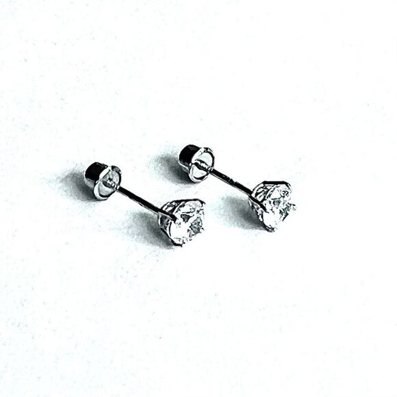 14k White Gold Round Solitaire Basket Set Stud Earrings with Screw Back 4 mm - Picture 3 of 10